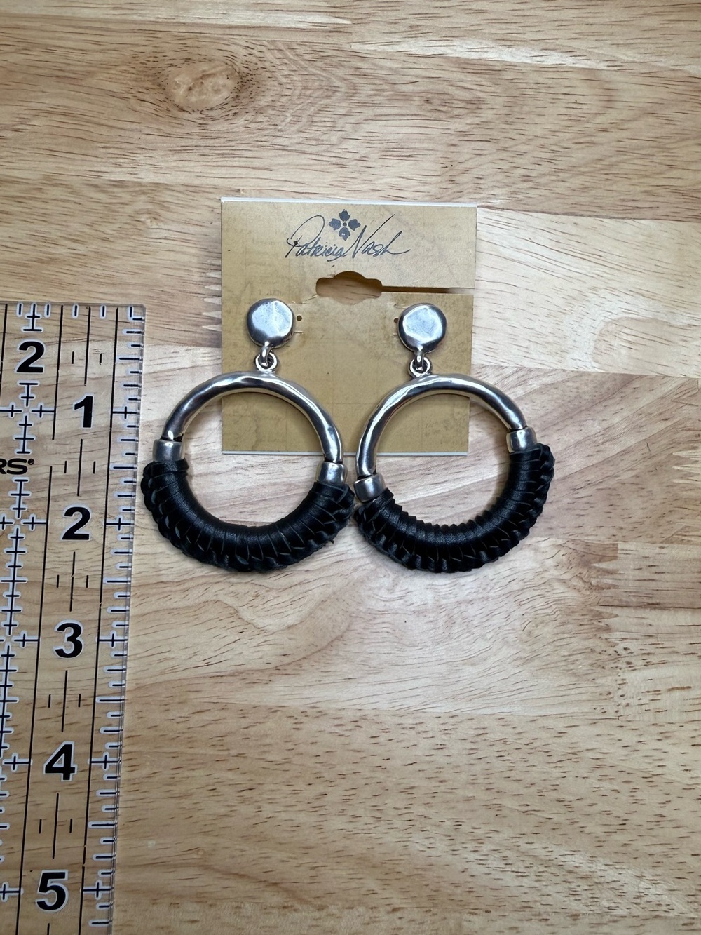 Patricia Nash Margaux Earrings Black Leather Silver Ox Door Knocker NWT $38 - Picture 4 of 8